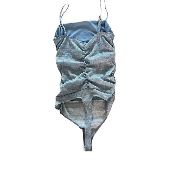 Le Lis Collection Women's Small Blue Textured Bodysuit Cami Straps Ruched Front - Picture 3 of 3